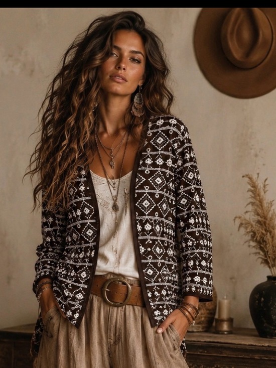 Chico's Sweaters - Chico's Brown and white Geometric Open Cardigan Medium